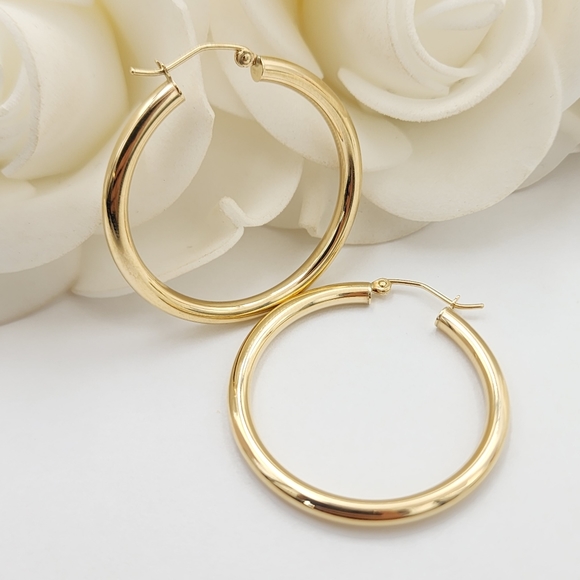 Big 14k Gold 3MM Polished Hoop Earrings - 35MM - Picture 1 of 5